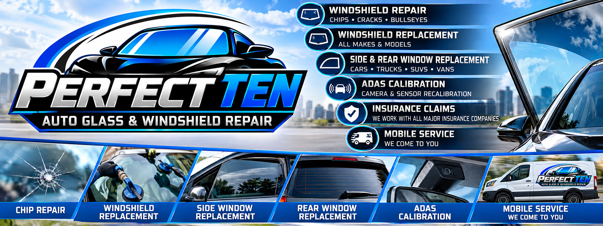 Perfect Ten services: windshield repair, windshield replacement, side and rear window replacement, ADAS calibration, insurance claims and mobile service